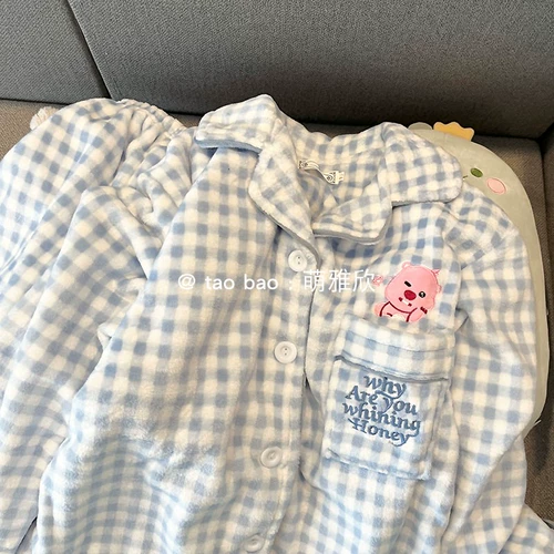 Синяя цветная осенняя демисезонная пижама, коралловый бархатный милый комплект, женский стиль, увеличенная толщина