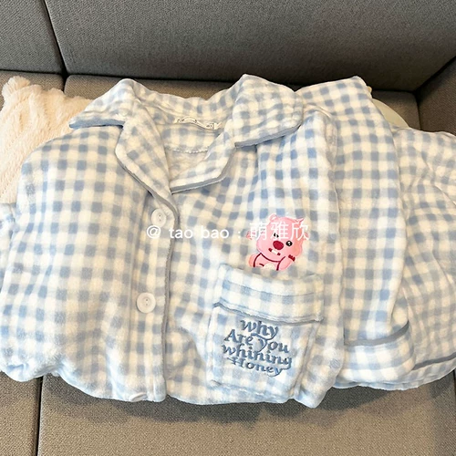 Синяя цветная осенняя демисезонная пижама, коралловый бархатный милый комплект, женский стиль, увеличенная толщина