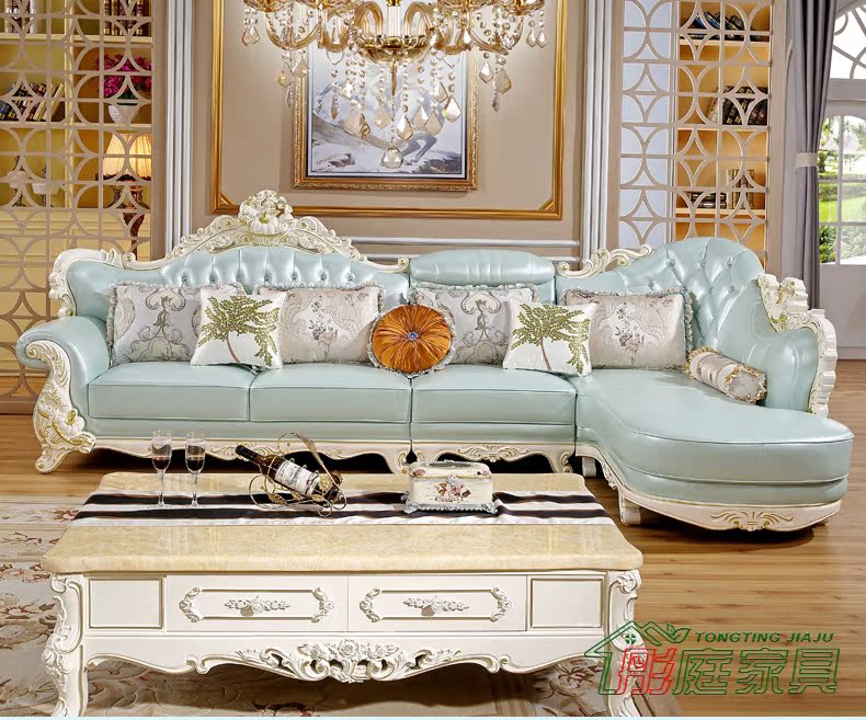 Sofa da châu Âu kết hợp phòng khách gỗ nguyên khối đầy đủ phù hợp với căn hộ nhỏ kiểu Pháp góc đơn giản Sofa da châu Âu màu xanh - Ghế sô pha ghế sofa phòng ngủ