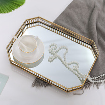 Nordic light luxury rectangular glass mirror tray living room household tea cup jewelry metal storage plate ornaments