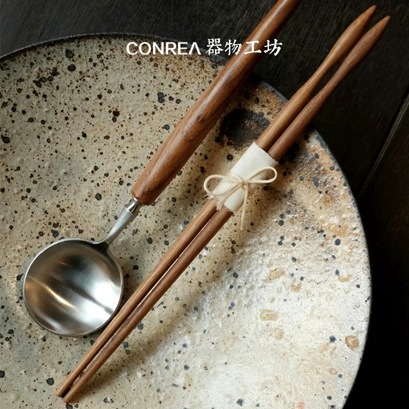 Japanese-Style Teak Handmade Chopsticks, Spoon, and Cutlery Set, Stainless Steel, Single-Person Household, High-End New Model, Portable Single-Person Set