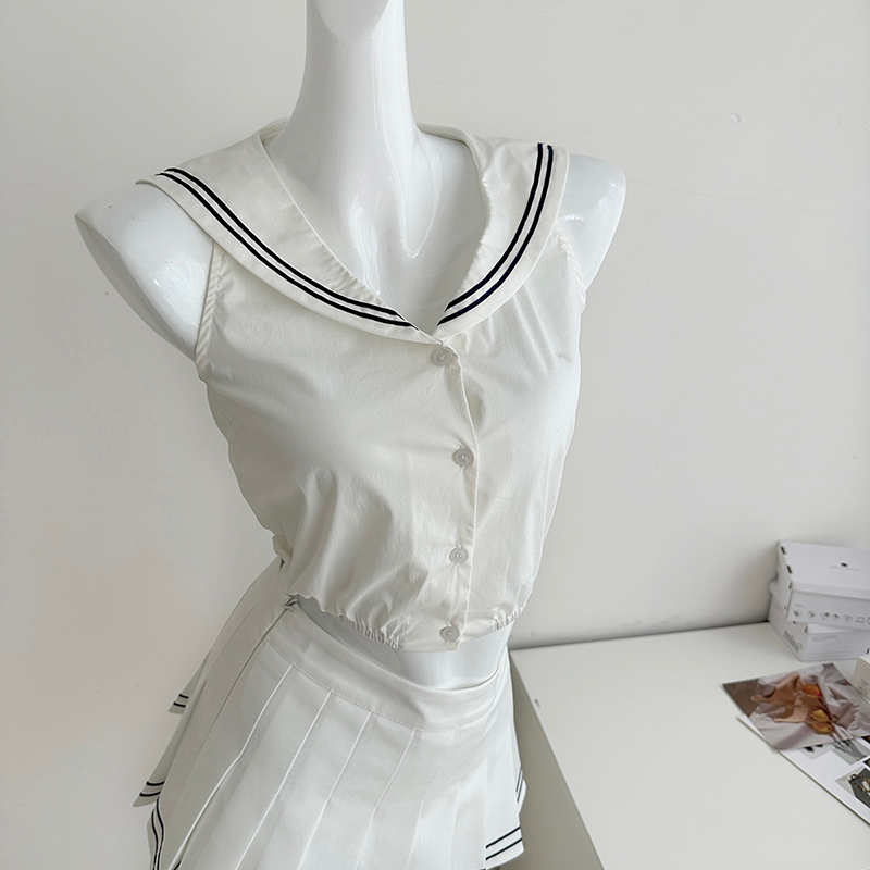 Naisi 2026 Spring/Summer New Navy Collar Contrast Color Shirt Top Skirt Pants Half Skirt Fashion Set