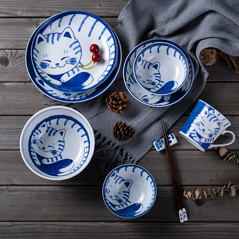 Japan imports Merchants Cute Cat Series Ceramic Cutlery Japanese Style Glazed dishes Sub-flat pan Eat Rice Bowl