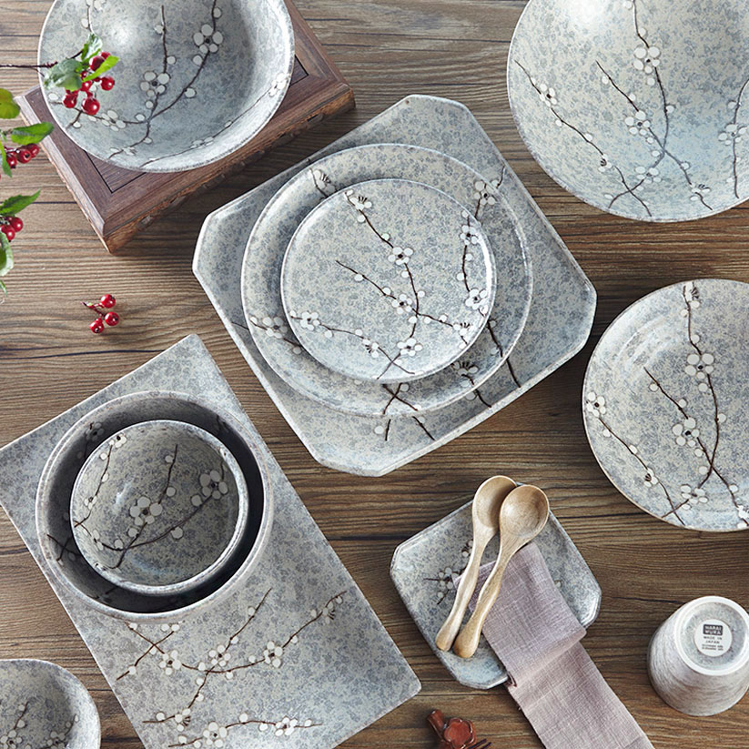 Japan Import Hazy Early Spring Series Flat Pan Square Dish Rice Bowl Disc Glazed Deep Pan Day Style Dishes