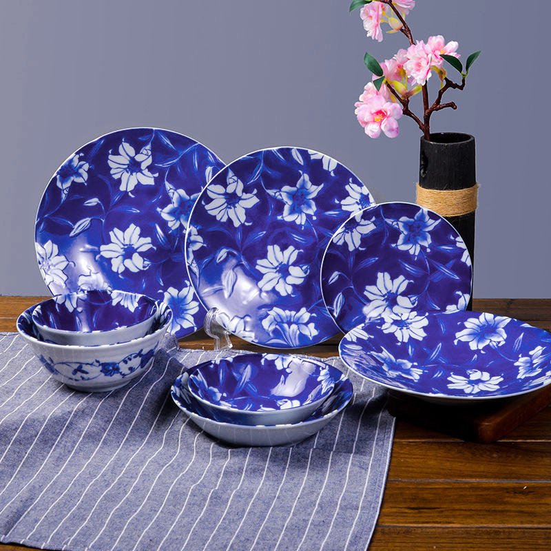 Japan Imports Blue Color Flower Ceramic Cutlery Japanese Style Unglazed Beige Rice Bowl Home Plate Soup Bowl