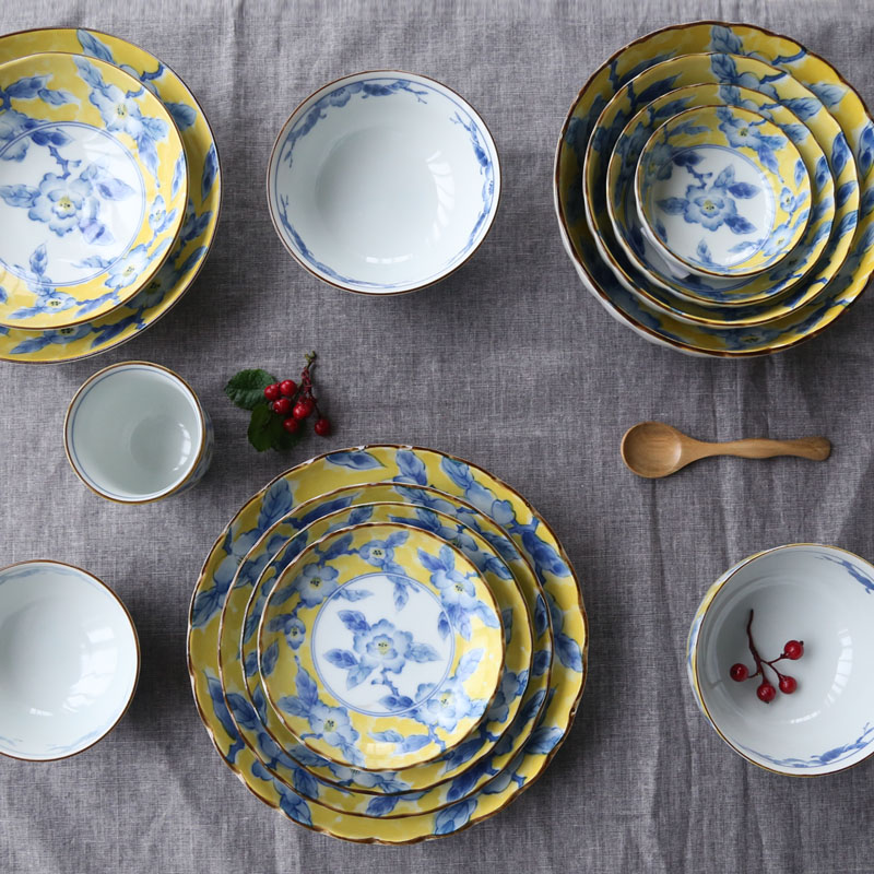 Japan imports the yellow color flower ceramic cutlery Home Japanese style and wind glazed lower colour flat pan deep pan dish-like bowl