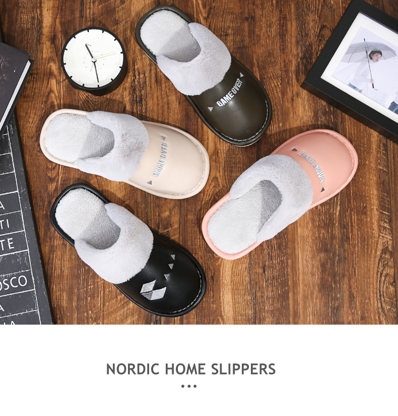 2019 mới PU da chống thấm đôi nhà cotton dép nữ chống trượt mùa đông nhà ấm áp mùa đông nam trong nhà kéo - Trang chủ dep di trong nha