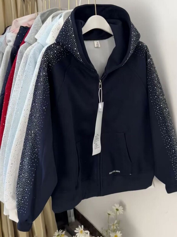 Korean Sweet Style Rhinestone Baseball Jacket 2026 Spring and Autumn New Starry Sky Hooded Zipper Lazy Style Short Jacket Trendy