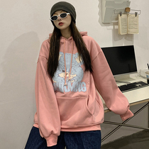 Autumn and winter 2021 New Korean bf lazy harbor wind loose hooded plus velvet pink sweater chic female student top
