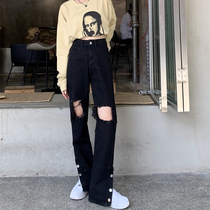 High Street Design Sensation Black Long Pants Breaking Hole Open Fork Straight Drum Jeans Lady Spring Autumn High Waisted Pants Loose Tow Pants Tide