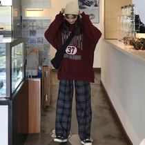 Autumn Korean casual fashion suit round neck pullover long sleeve sweater straight wide leg lattice pants two-piece female tide