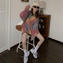 Autumn Korean version of ins lazy wind bf loose round neck pullover personality tie-dyed long long sleeve sweater womens top