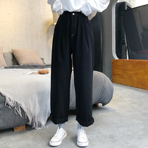 Spring and summer Korean edition 2021 new item retro port style chic loose high waist straight tube wide leg black jeans women pants