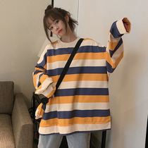 Autumn Korean lazy wind ins loose bf round neck sleeve striped long sleeve sweater chic female student top tide