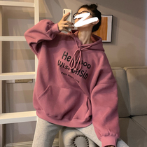 Plus velvet padded sweater women autumn and winter 2021 New Korean chic harbor style retro loose hooded pullover top tide tide