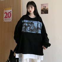 Sweater women autumn and winter Korean version of lazy wind bf loose Joker round neck sleeve black ins Super fire long sleeve top tide tide