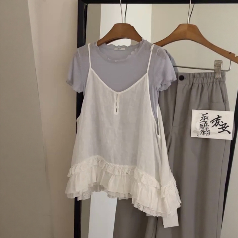 White V-Neck Lace-Trimmed Cotton-Linen Camisole for Women, Summer Asymmetrical Three-Dimensional Hem Sleeveless Top