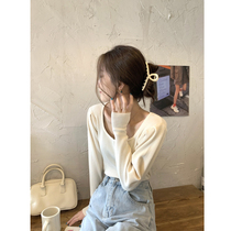Method Lock Bone Square Collar Blouse Blouse Women Sheep Leg Cuff Knit Positive Shoulder Bull Oil Fruit Green Coffee Color U Collar Sweater Undershirt