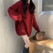 Christmas red retro thickened hemp floral sweater woman early spring loose outside wearing a lazy blouse with long covered ass