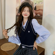 College Wind V Collar Knit Waistcoat Vest Woman Spring Fall Outside Lap Sleeveless Sweater Shoulder Stack Wearing Short waistcoat Chains Chains