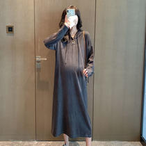 Pregnancy woman dress in spring clothing Han version loose with large code hit bottom necropolis dress fashion casual mid-to-cap pregnant woman even dress