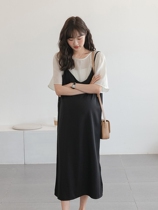 Pregnant woman summer dress 2022 new display slim short sleeve snowspun dress French style fake two summer pregnant women Skirt Tide Moms