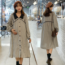Pregnant women autumn 2021 New Plaid color pattern loose long pregnant women dress cotton shirt skirt