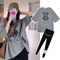 Pregnant Woman Summer Clothing Suit Net Red Fashion New Cartoon Loose Pure Cotton Short Sleeve T-shirt External Wearing Toabdominal Beating Bottom Pants