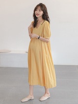 Knowability charm ~ trendy V collar 100 pleats skirt gestation summer French style romantic snow spinning over knee length dress