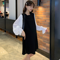 Pregnant women autumn 2021 New Korean solid color round neck pregnant women dress long autumn bubble sleeve skirt