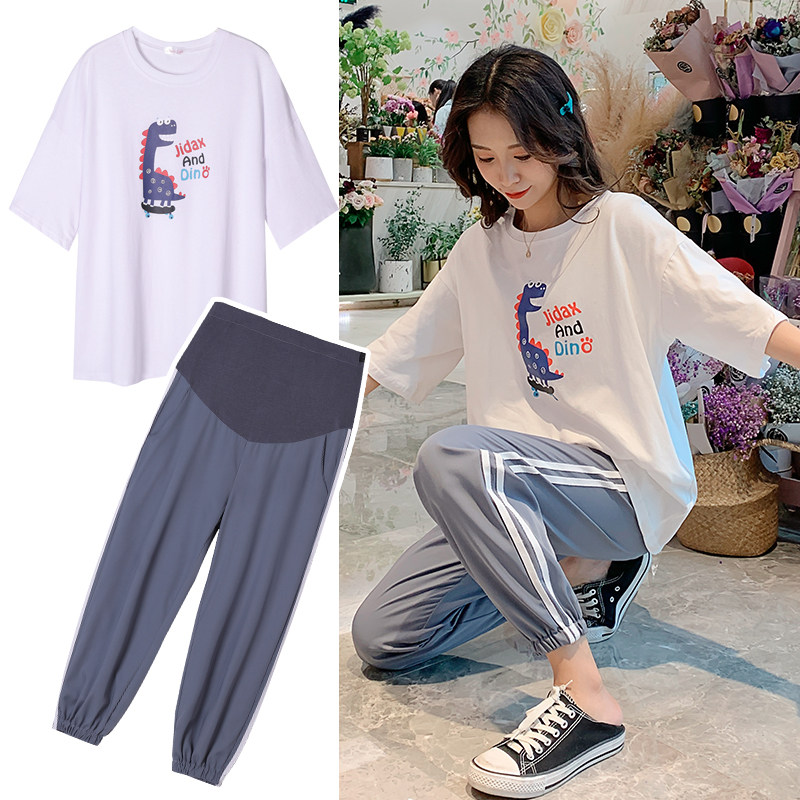 Pregnant Woman Summer Clothing Suit Fashion Net Infrared Out of the Yangpie pregnant woman T-shirt Reduced Age Loose short sleeve blouse Two sets