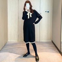 Pregnancy Woman Dress Winter Clothing Korean version Fashion style Hit Color Knit Skirt Ocean 100 hitch long section of pure cotton pregnant woman Liondress