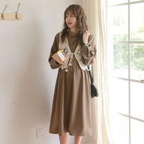 Pregnancy Woman Dress Spring Loaded Suit Hollowed-knit Machia Upright Collar Snowspun Dress Stylish Long Sleeve Pregnant Woman With Dress two sets