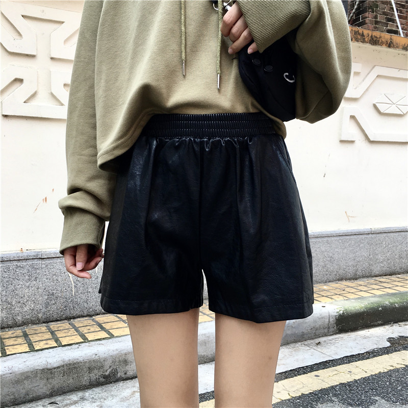 Quần short da nữ 2018 mới thu đông hoang dã mặc eo cao cá tính một từ quần ống rộng ống rộng quần da PU shop quần áo nữ