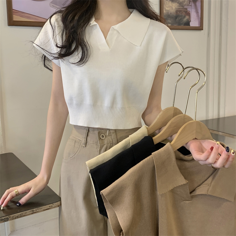 Korean Fashion Slim-Fit Short-Sleeve T-Shirt for Women, Summer Solid Color Simple Petite Versatile Unique Knitted Short Top Korean Fashion Slim-Fit Short-Sleeve T-Shirt for Women, Summer Solid Color Simple Petite Versatile Unique Knitted Short Top