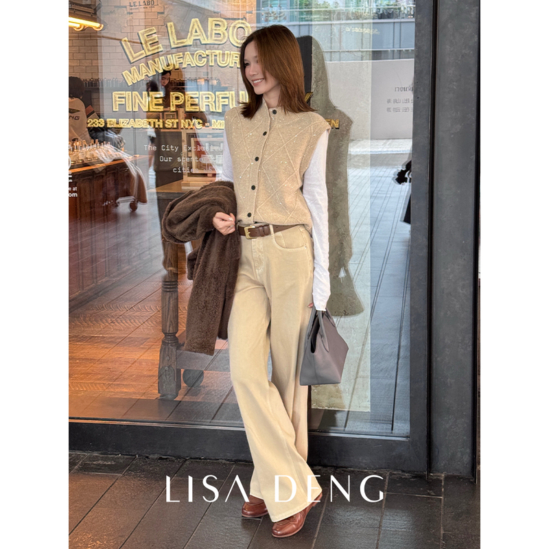 Lisadeng "Walking Retoucher" High-Cotton Lycra Double-Core High-Elastic Mid-High Waist Wide-Leg Straight Retro Jeans