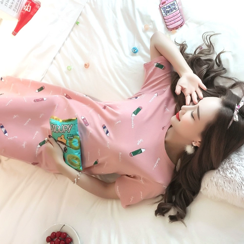 Мультяшная милая летняя хлопковая пижама, длинная юбка, в корейском стиле