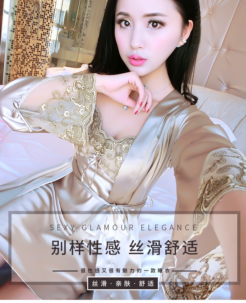 Đồ ngủ gợi cảm phụ nữ mùa xuân và mùa hè lụa băng lụa dây đeo váy ngủ áo choàng hai mảnh tay áo dài phần mỏng dịch vụ nhà đầm đẹp dự tiệc