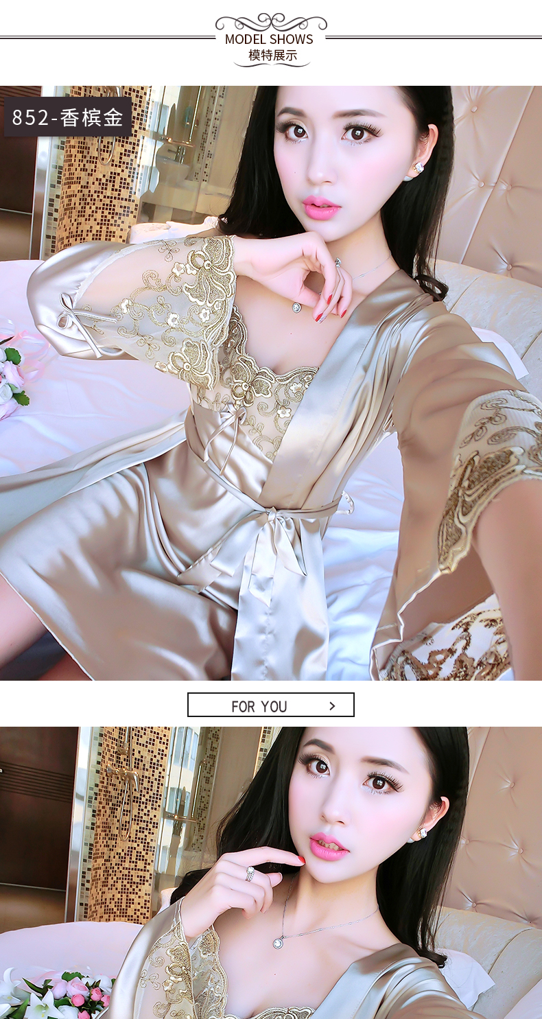 Đồ ngủ gợi cảm phụ nữ mùa xuân và mùa hè lụa băng lụa dây đeo váy ngủ áo choàng hai mảnh tay áo dài phần mỏng dịch vụ nhà đầm đẹp dự tiệc