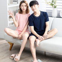Summer couple pajamas pure cotton short-sleeved thin mens and womens casual two-piece set solid color home service set summer pullover