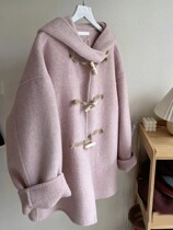 Girls Woolen Coat 2023 Autumn and Winter Korean Style Girls Large Childrens Western Style Mid-Length Horn Button Hooded Woolen Coat