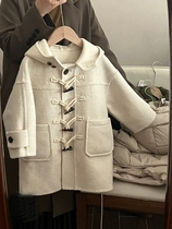 Girls mid-length double-sided woolen coat 2023 autumn and winter new Korean style medium and large childrens horn button hooded woolen coat