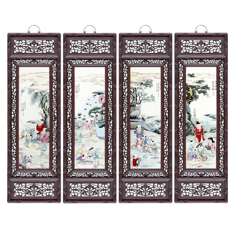 Jingdezhen home sitting room adornment hotel background made porcelain plate painting modern Chinese ceramic four screen furnishing articles