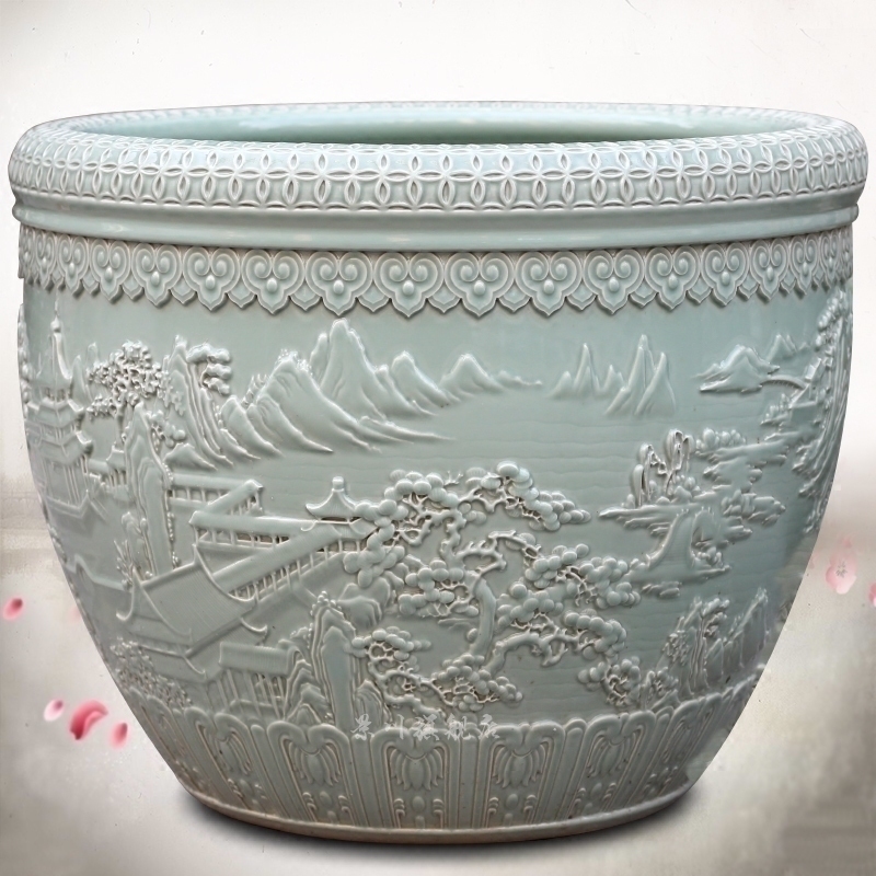 Jingdezhen porcelain carving landscape painting goldfish turtle cylinder water lily sitting room courtyard study office furnishing articles