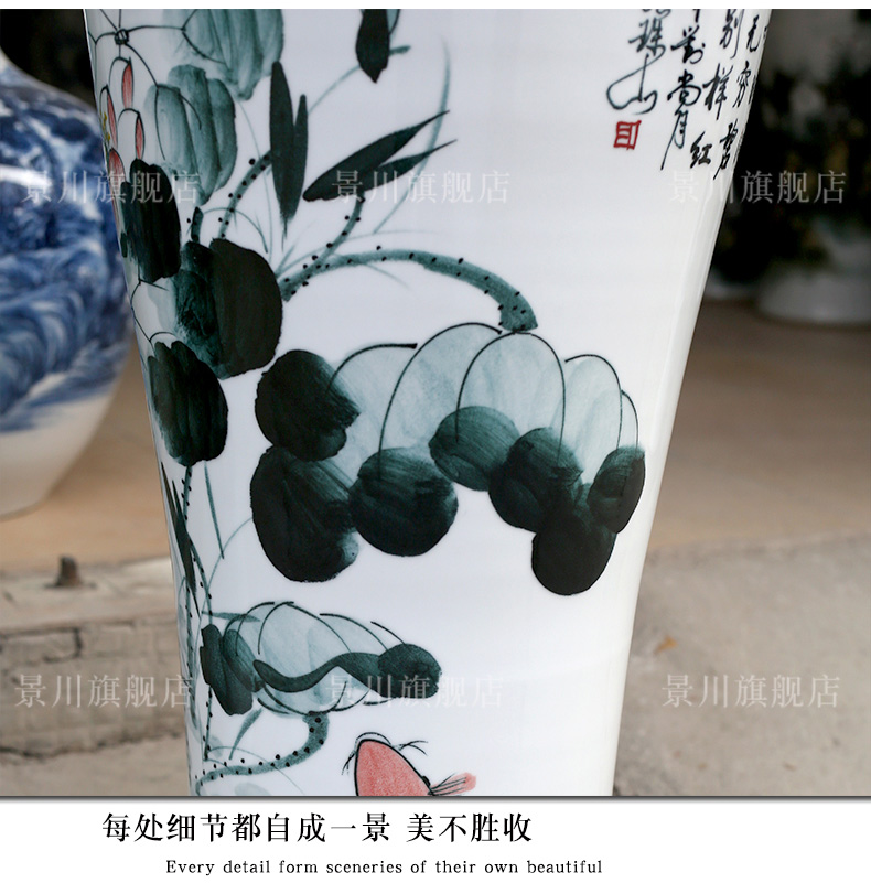 Hand - made ink color blue and red lotus lotus fish landing big vase jingdezhen ceramic household sitting room adornment furnishing articles