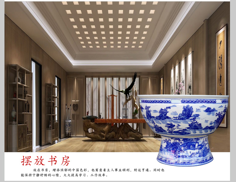 Blue and white porcelain of jingdezhen ceramics porcelain landscape painting with a foot basin tortoise cylinder aquarium fish tank water lily