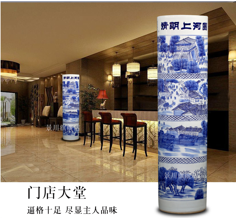 Blue and white porcelain painting qingming scroll landing big quiver of jingdezhen ceramics vase sitting room hotel furnishing articles