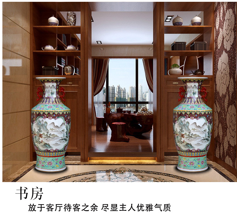 Hand - made pastel landscapes ears landing big vase jingdezhen ceramic furnishing articles of Chinese style household living room decoration