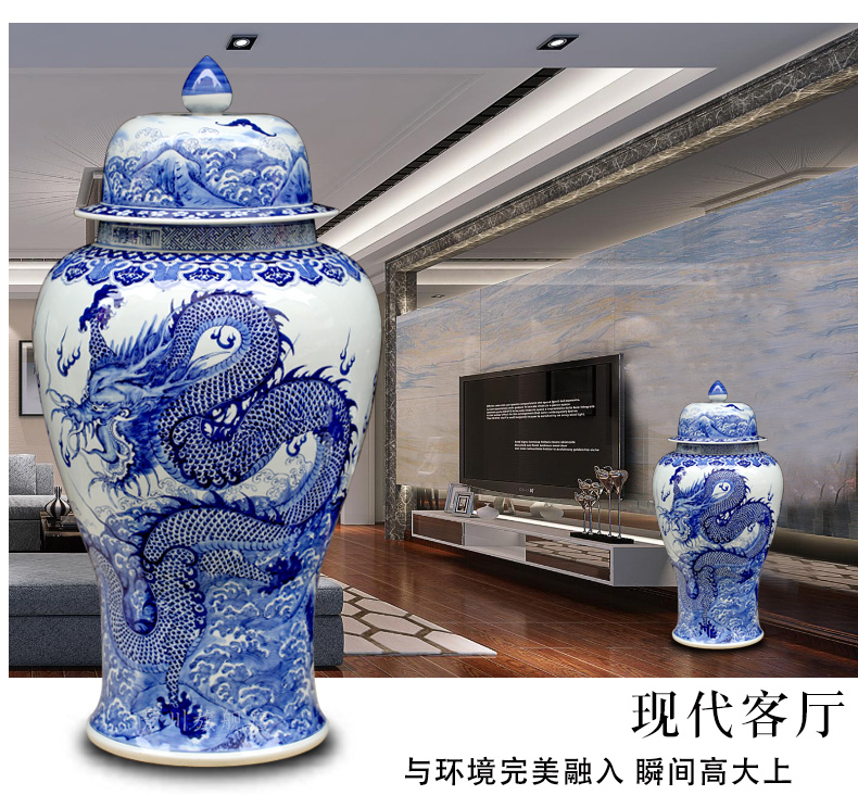 Jingdezhen blue and white porcelain hand - made dragon playing pearl sitting room of large vase household ceramics general furnishing articles large tank