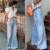 Refundable less in stock Korean INS blogger style retro personalized splicing high waist long and wide legs
